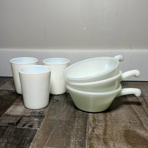 Vintage Anchor Hocking Fire King Milk Glass Soup Bowls Cups 3Sets